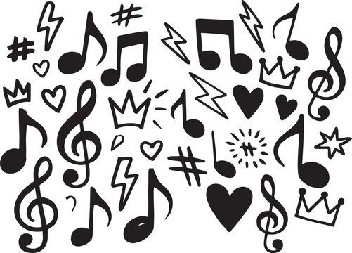 Hand drawn music notes hearts lightning bolts crowns and hashtags in black on transparent background.