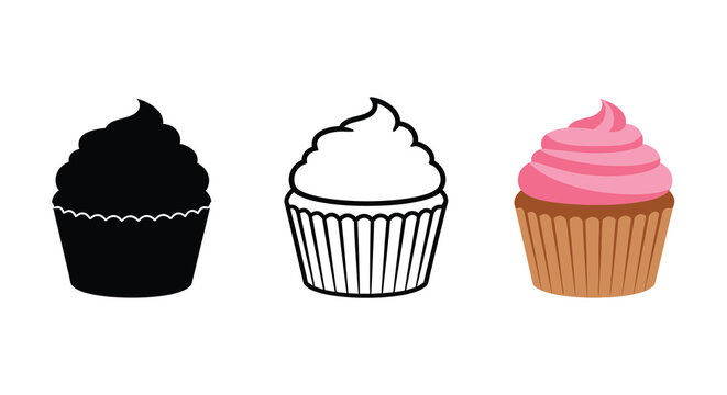 Three cupcakes displayed in different styles solid outline and colored