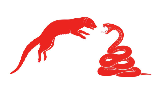 Red Mongoose Attacks Snake Silhouette, Dynamic Animal Fight Illustration