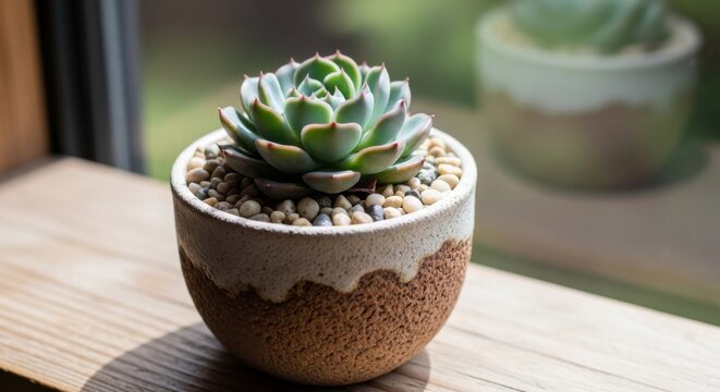 Rustic ceramic pot holding a beautiful green succulent plant with pebbles on a wooden surface