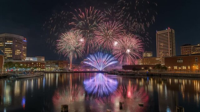 Vibrant Fireworks Display over Baltimore Inner Harbor City Skyline