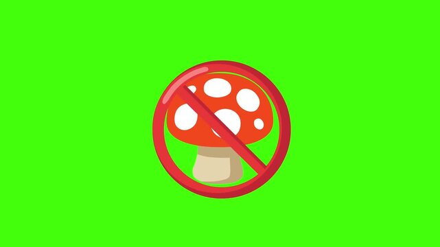 Mushroom Icon with Prohibition Sign on Green Screen Background.