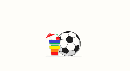 Obraz premium A vibrant layered cocktail glass featuring a red umbrella and cherry sits beside a classic black and white soccer ball on a clean and bright white background.