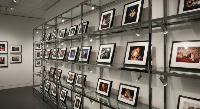 Art Gallery Display with Framed Pictures on Modern Shelving illuminated by Spotlights