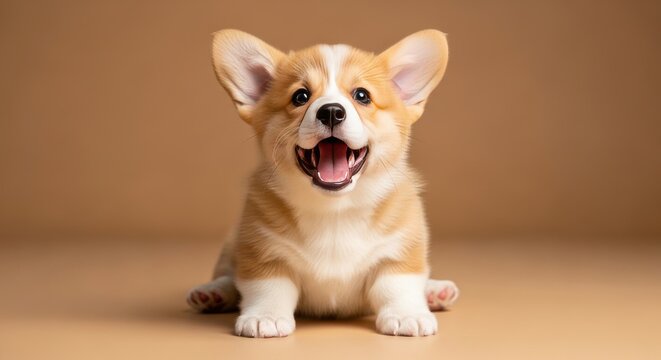 Adorable corgi puppy resting happily on a soft studio floor, big ears perked up and bright eyes sparkling with curiosity, joy, and irresistible puppy charm

