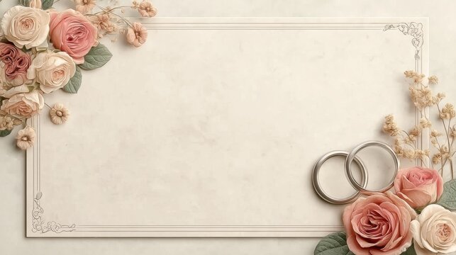 Elegant Wedding Card Design with Pink Roses and Silver Wedding Rings on Soft Background