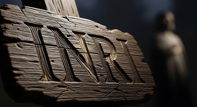 Closeup of a weathered, wooden cross with "INRI" carved. A blurry statue is in the background