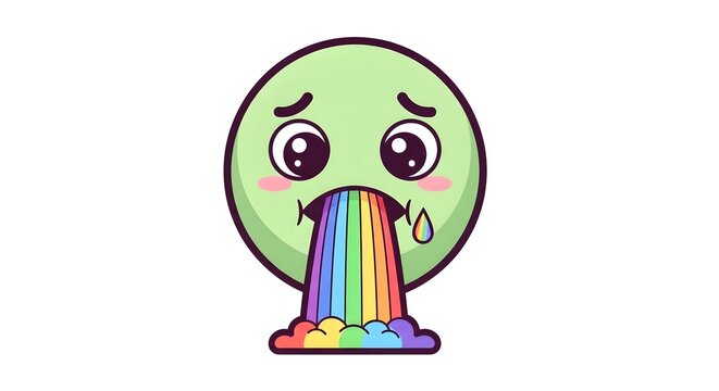 Cute kawaii-style emoji vomiting a colorful rainbow with teary eyes, expressing nausea or sickness in a playful and adorable cartoon illustration, isolated on a clean background