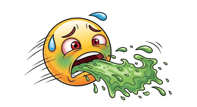Cartoon emoji with a sick expression vomiting green liquid, showing nausea and discomfort in a humorous and exaggerated style, isolated on a clean background