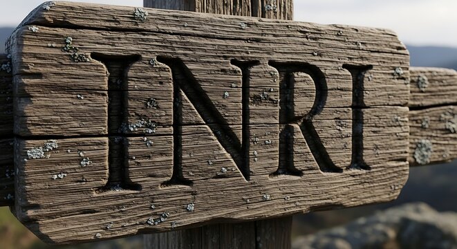 Close-up of a weathered wooden sign carved with the letters "INRI", set outdoors