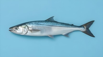 Obraz premium A fresh blue fish is placed against a light blue background. The overall image emphasizes a high-quality seafood subject with a crisp, studio-lit, and natural presentation.