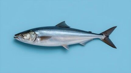 Obraz premium A fresh blue fish on a light blue background. The fish’s fins and tail are sharply defined, adding elegance and a sense of motion.