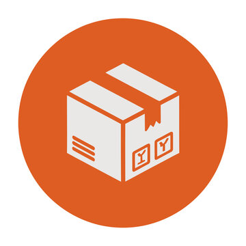 Vector graphic of a parcel box with a ribbon on an orange circle background