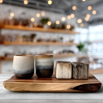 Four ceramic cups with unique designs sit elegantly on a wooden tray, showcasing artisanal craftsmanship in a cozy cafe ambiance wonderfully.