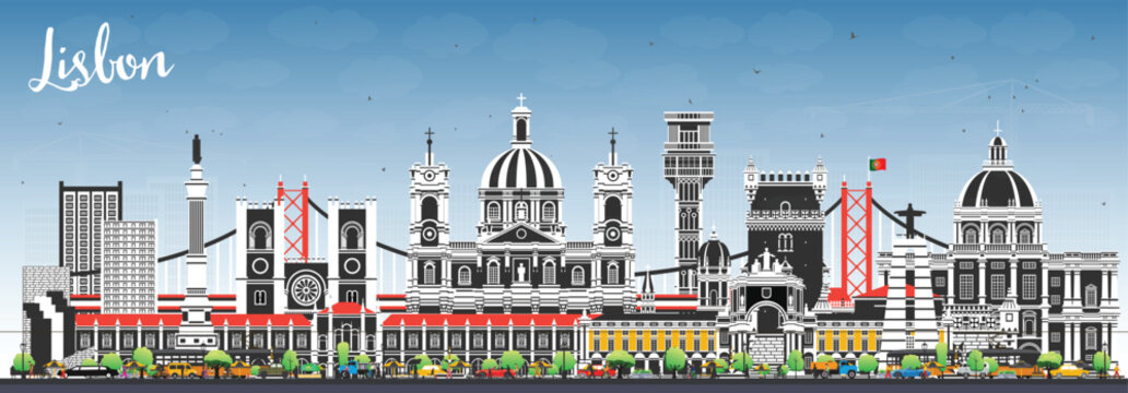 Lisbon Portugal City Skyline with Color Buildings and Blue Sky. Illustration. Lisbon Cityscape with Landmarks. Business Travel and Tourism Concept with Historic Architecture.