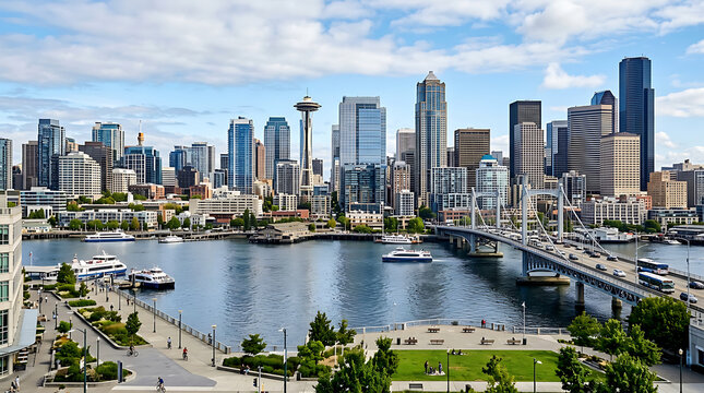 Seattle Skyline with Puget Sound, Ferries, and Downtown Waterfront