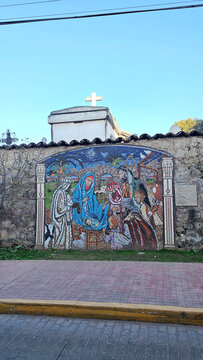 Zacatlan, Puebla, Mexico - Jan 5, 2026: Handcrafted stained glass murals on the walls of the cemetery in the Magical Town of Zacatlan de las Manzanas in Puebla, Mexico