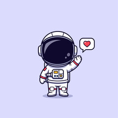 Obraz premium Cute cartoon astronaut character in a white spacesuit waving hand with a speech bubble containing a red heart icon on a light blue background, vector illustration.