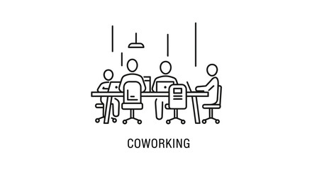 Naklejka premium Coworking space with people working together at a shared table, line art illustration
