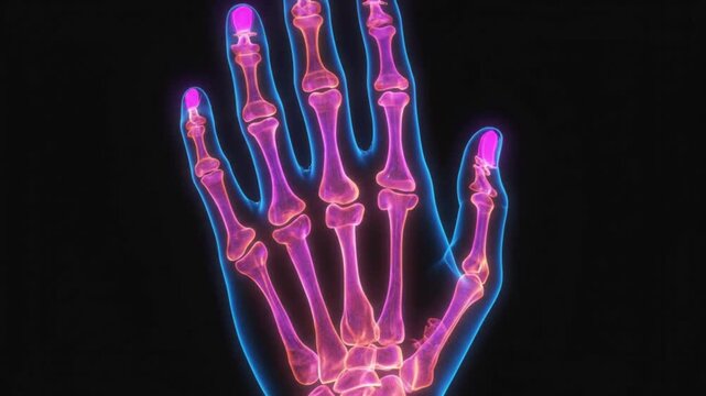 Close-up view of a glowing translucent x-ray of a human hand, highlighting finger bones and joints against a black background, illustrating skeletal anatomy