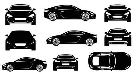 Obraz premium Set of black car silhouettes from different angles: front, side, rear, top view.