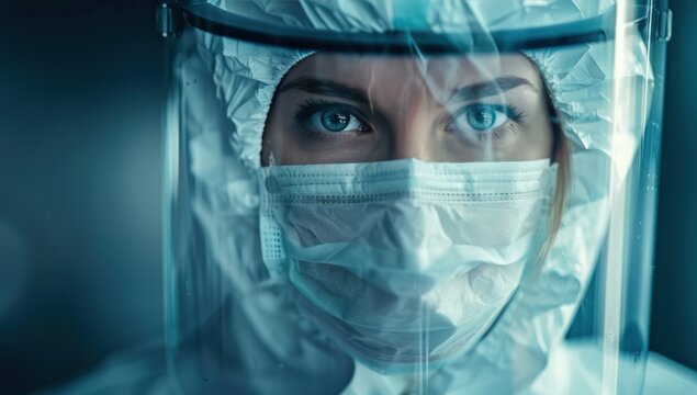 Healthcare professional in full protective gear, serious eyes pierce through mask, shield