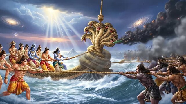 Epic mythological scene depicting a cosmic tug-of-war between divine beings and a multi-headed serpent amidst turbulent waters and celestial light.