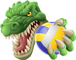 An alligator, crocodile or dinosaur volleyball animal sports mascot holding a volley ball in his claw © Christos Georghiou