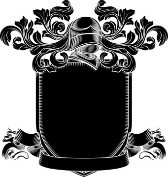 Coat of arms crest knight family medieval shield heraldry heraldic armorial motif. Featuring a knights helm helmet in a vintage etching engraving woodcut style 
