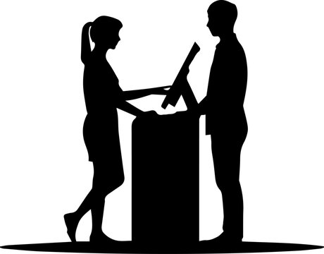 Black silhouette of a male customer and a female cashier interacting at a service counter with a digital terminal