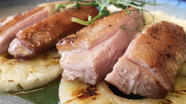 grilled duck slices with crispy skin served on pineapple rings closeup juicy meat with golden crust gourmet dish plated with vegetables soft light restaurant presentation concept of restaurant menu fo