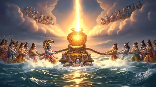 Hindu mythological depiction of Samudra manthan, the churning of the cosmic ocean by gods and demons to obtain the elixir of immortality, with Mount Mandara and Vasuki.