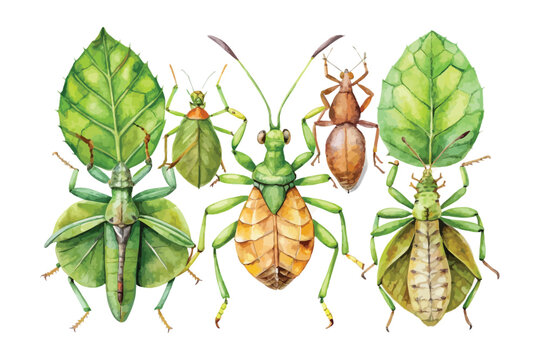 Watercolor Leaf Insect Illustration, Camouflage Nature Insect Art, isolated on white background