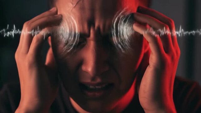Young person suffering from severe head pain, experiencing intense tension and strain, a symptom of high blood pressure and hypertension, indicating vascular risk condition