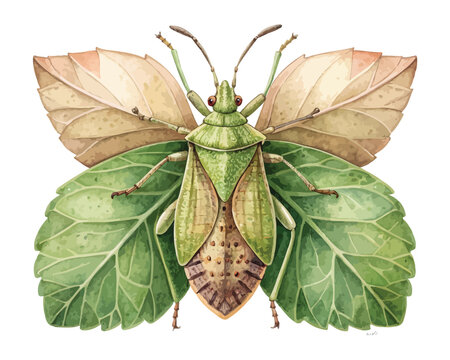 Watercolor Leaf Insect Illustration, Camouflage Nature Insect Art, isolated on white background