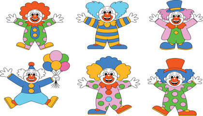 Fototapeta premium Playful cartoon clowns collection with colorful costumes, balloons, makeup, smiling faces, circus entertainment characters, cheerful party celebration illustration set