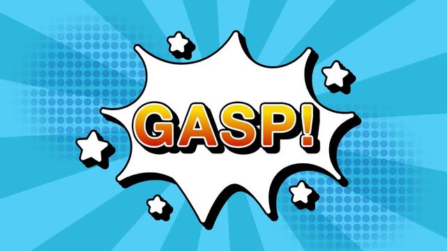 gasp text word lettering popup comic cartoon reveal with bomb and smoke explosion manga anime book page dots with radial speed lines doodle sky blue background with seamless loop animation retro clip