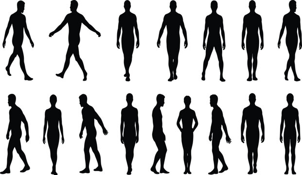 Sixteen black human silhouettes in standing and walking poses with diverse orientations, front, side, and back views for anatomy, motion, and artistic reference