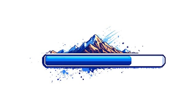 A blue loading bar with a mountain behind