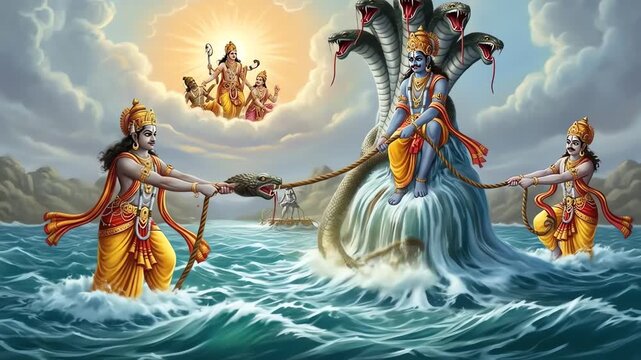 Hindu mythological depiction of Samudra manthan, the churning of the ocean of milk by gods and demons to obtain Amrita, with Vishnu and Shiva present.