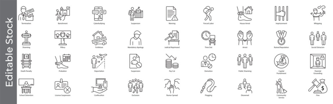 Punishment, discipline and social consequence icon set &ndash; editable outline symbols of penalty, reprimand, shaming, imprisonment and legal actions