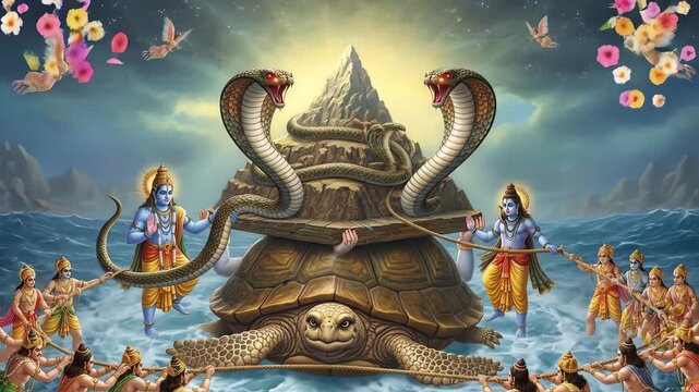 Vibrant depiction of the Hindu mythological Samudra Manthan, the churning of the cosmic ocean, with gods and demons pulling the serpent Vasuki around Mount Mandara atop a giant tortoise.