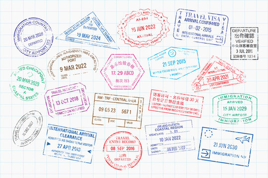 Colorful passport stamps collection vector elements