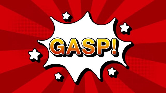 gasp text word lettering popup comic cartoon reveal with bomb and smoke explosion manga anime book page dots with radial speed lines doodle red background with seamless loop animation retro clip
