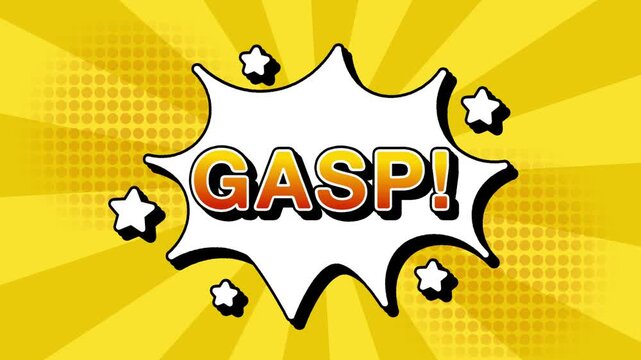 gasp text word lettering popup comic cartoon reveal with bomb and smoke explosion manga anime book page dots with radial speed lines doodle yellow background with seamless loop animation retro clip