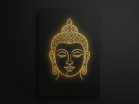 Golden Neon Buddha Head Line Art