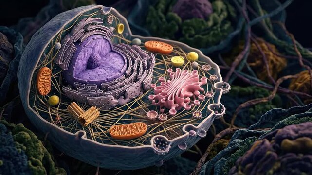 Cellular organism reveals intricate internal biological structure, displaying nucleus, plasma membrane, mitochondrion, ribosome, golgi complex, endoplasmic reticulum, cytoplasm, essential component.