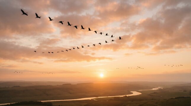 Migrating geese flying in V formation over a river at sunset.