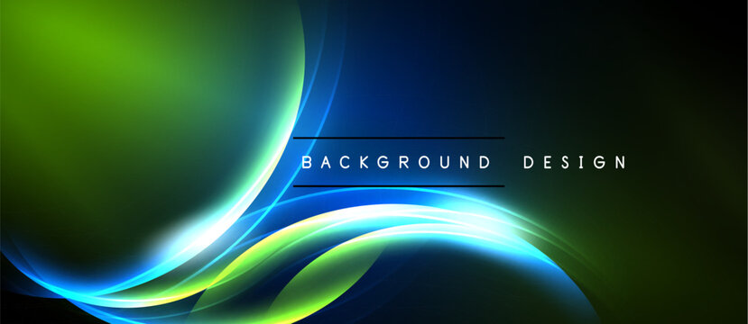 Abstract vibrant waves, green, blue hues. Dynamic flowing lines create modern background design. Black space dominates image.