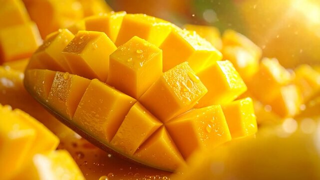 Close-up of a sliced, golden mango with water droplets and light